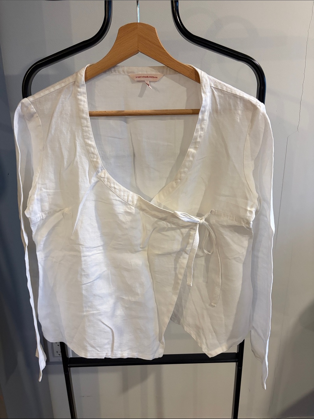 Women’s White Linen-Blend Wrap Blouse with Side Tie